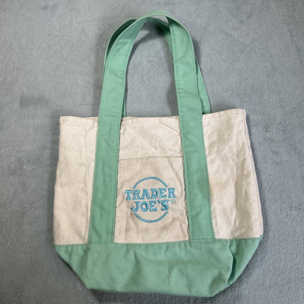 Trader Joes Mini Tote Bag 10x12 Teal Green Light Blue Hand Side Sack Travel VTG